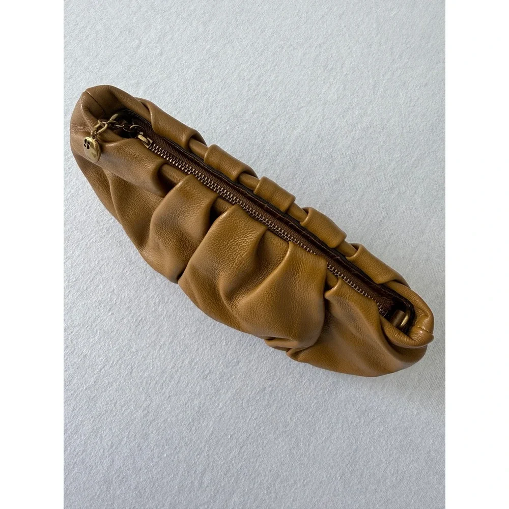 STAUD Bean Bag Clutch Women Small Tan Brown Ruched Leather Pleated NO STRAP